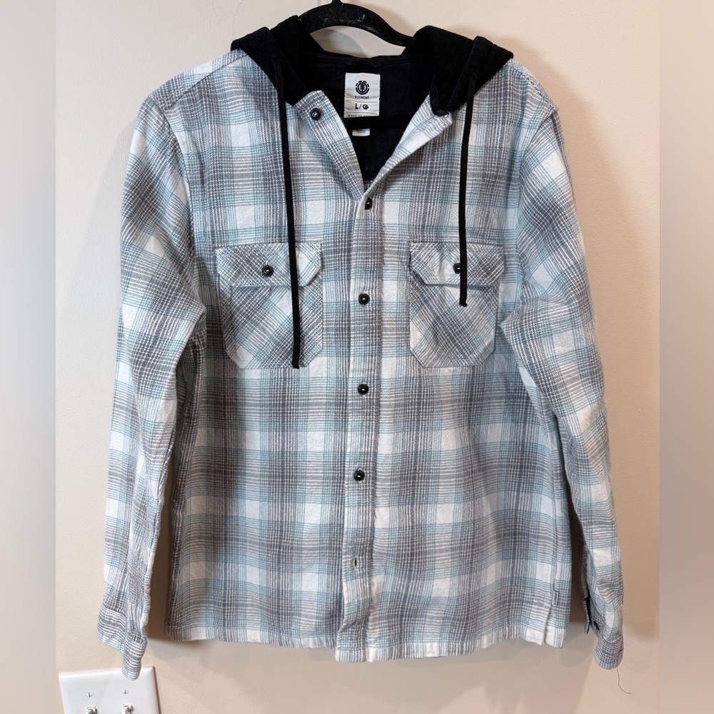 🔥Element Men's Plaid Hooded Shirt Jacket - Light Blue & Gray Size L🔥